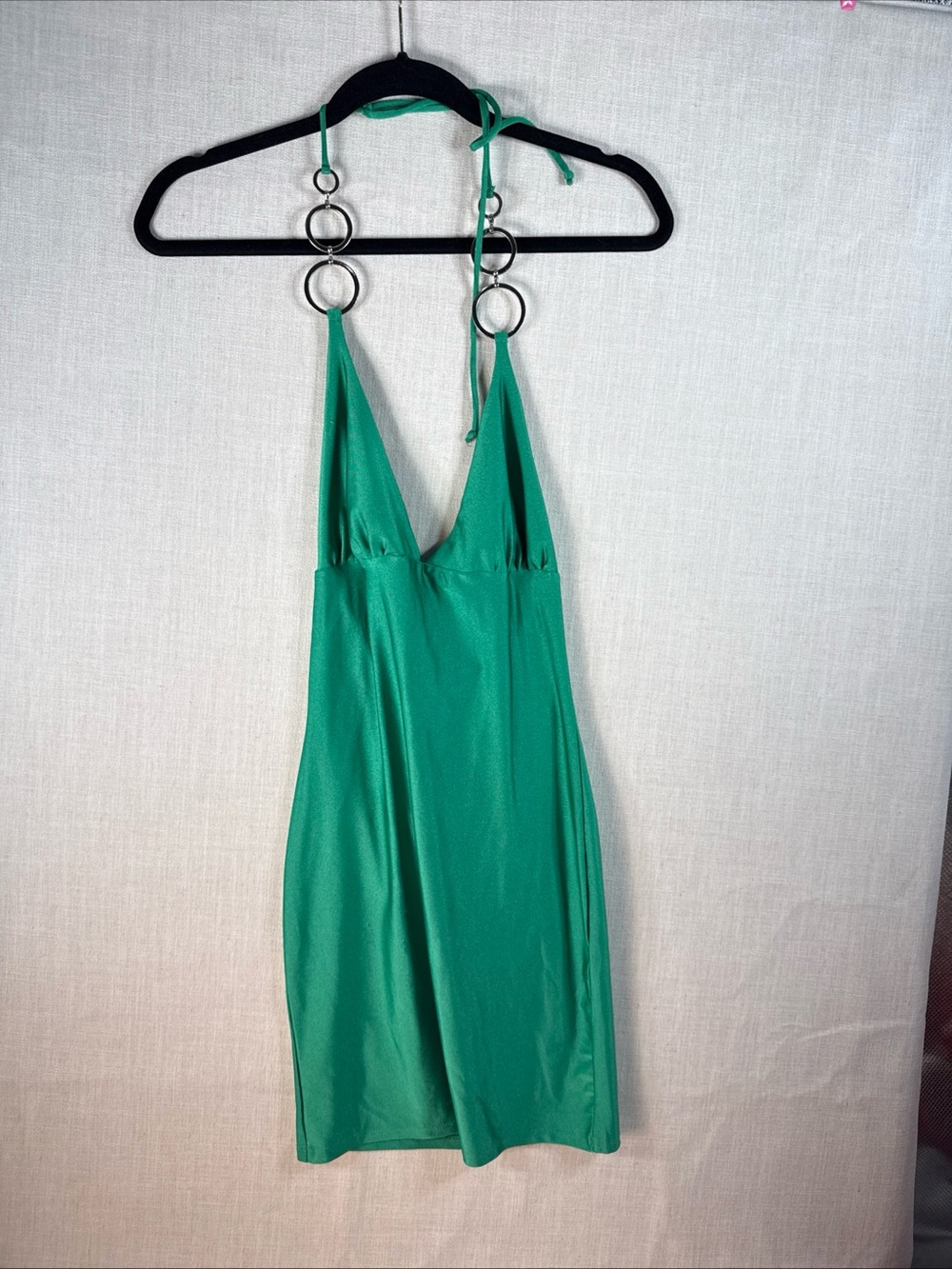 Y2K Sleek Emerald Halter Slip Dress with Ring Detail